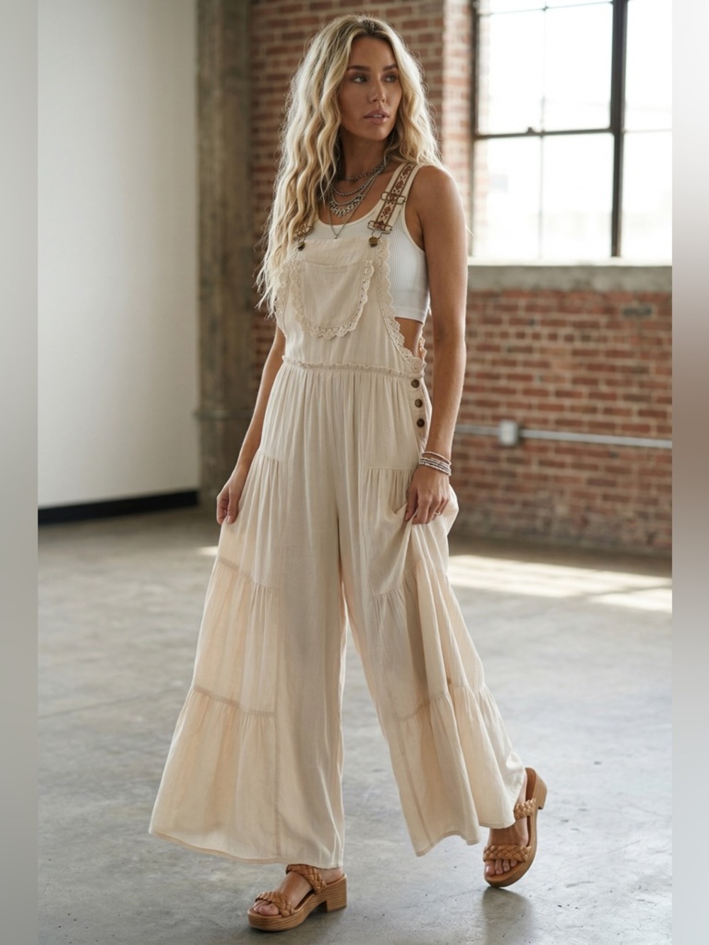 NWT Eesome Ruffle Tiered Boho Strap Festival Overalls Jumper Jumpsuit Ivory
